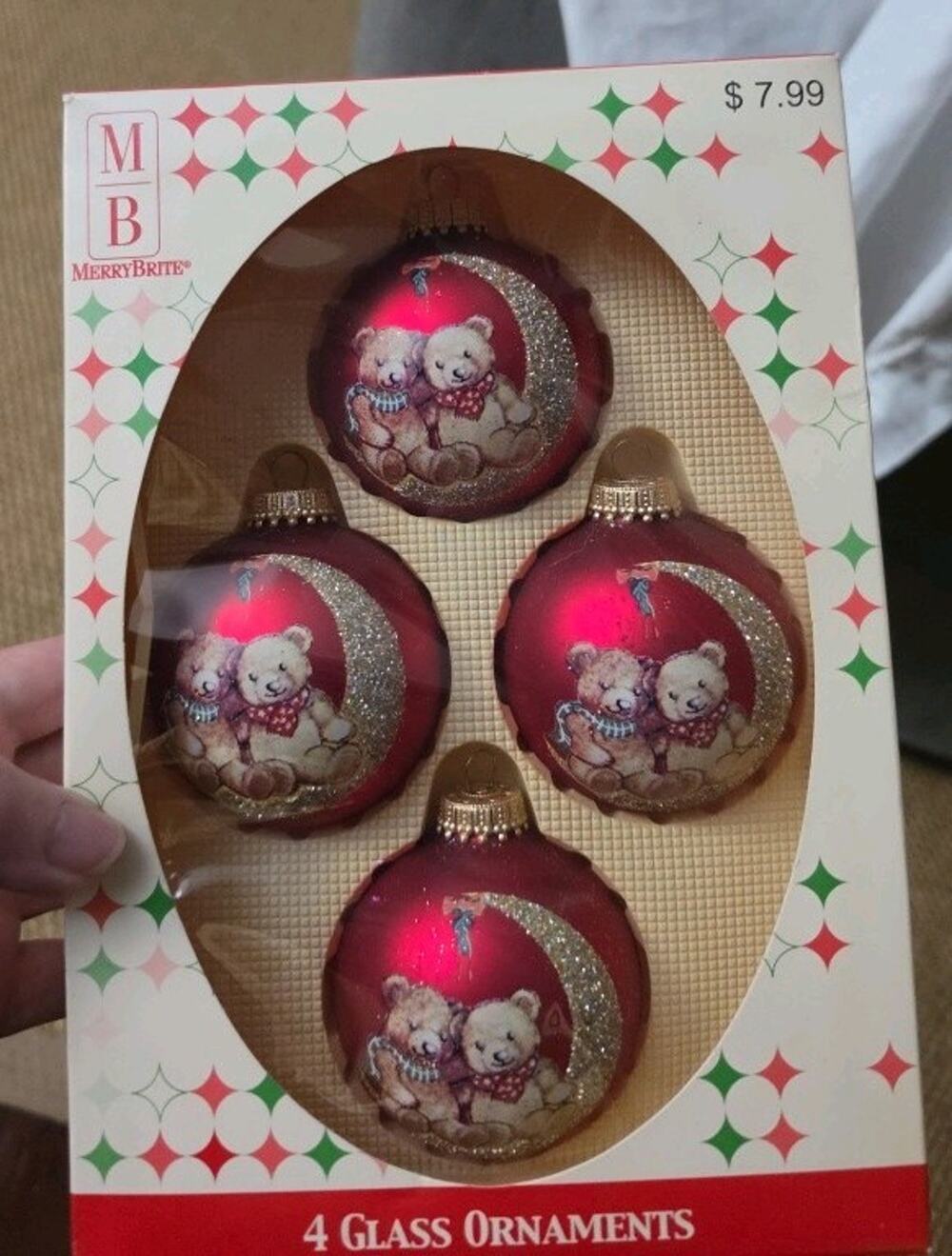 NOS Vtg 4 Merry Brite Christmas Glass Ornaments Teddy Bears Moon 2 1/2"